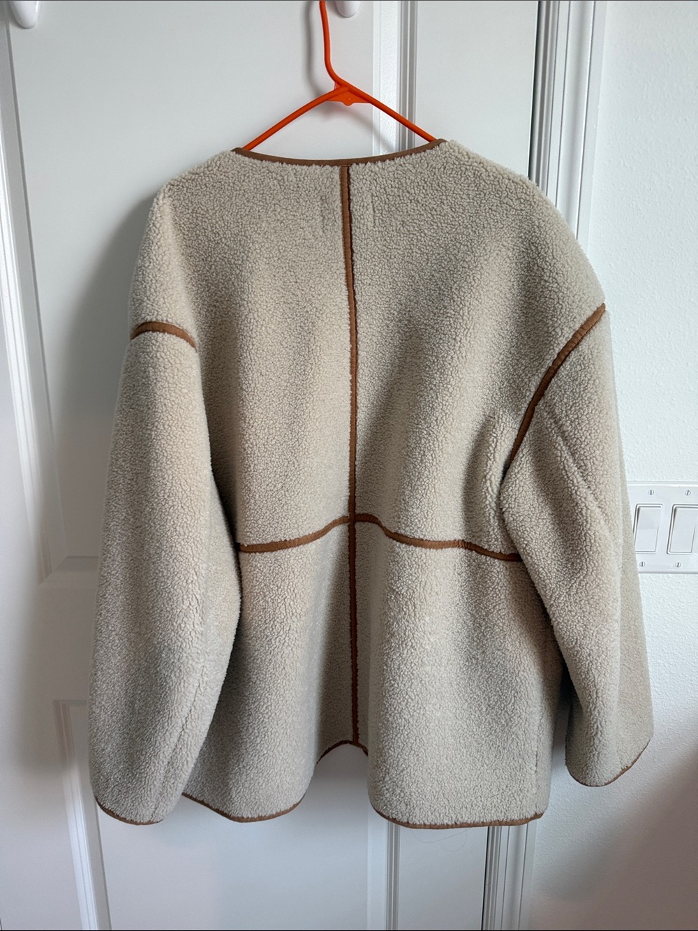 Cream Sherpa Jacket with Brown Trim - Women's Cozy Coat - Picture 3 of 3